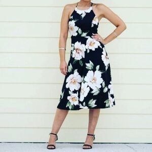 Monteau Black Dress with White Floral Design halter